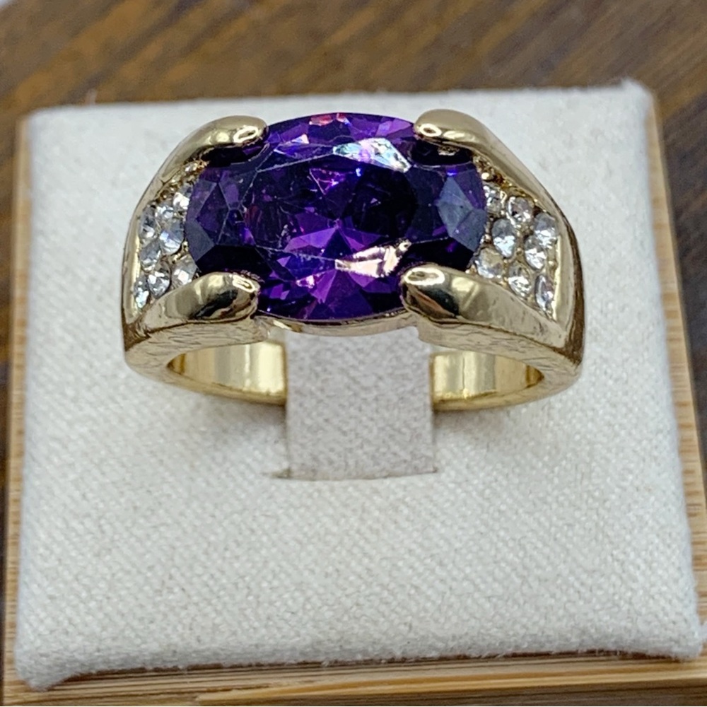 NEW amethyst glass large sparkling cocktail ring gold plated sz 9
